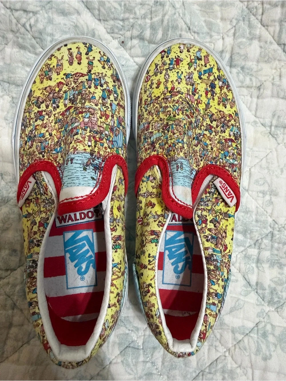 Vans Kids Slip-On Sneakers in Yellow Waldo Pattern with Red Trim