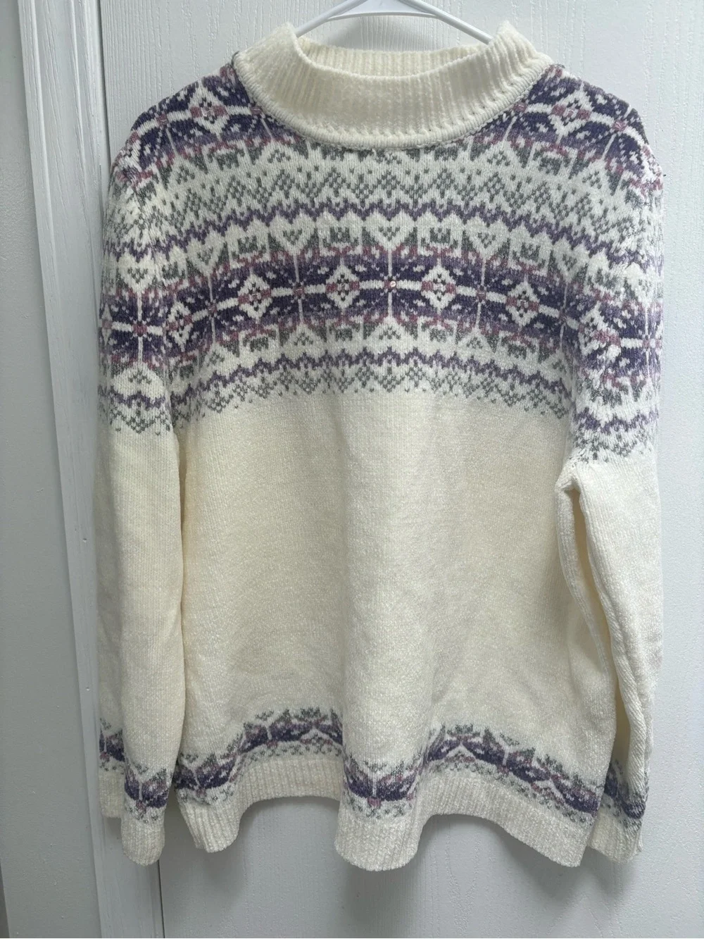 Alfred Dunner Cream Fair Isle Turtleneck Sweater with Purple Accents - beauty