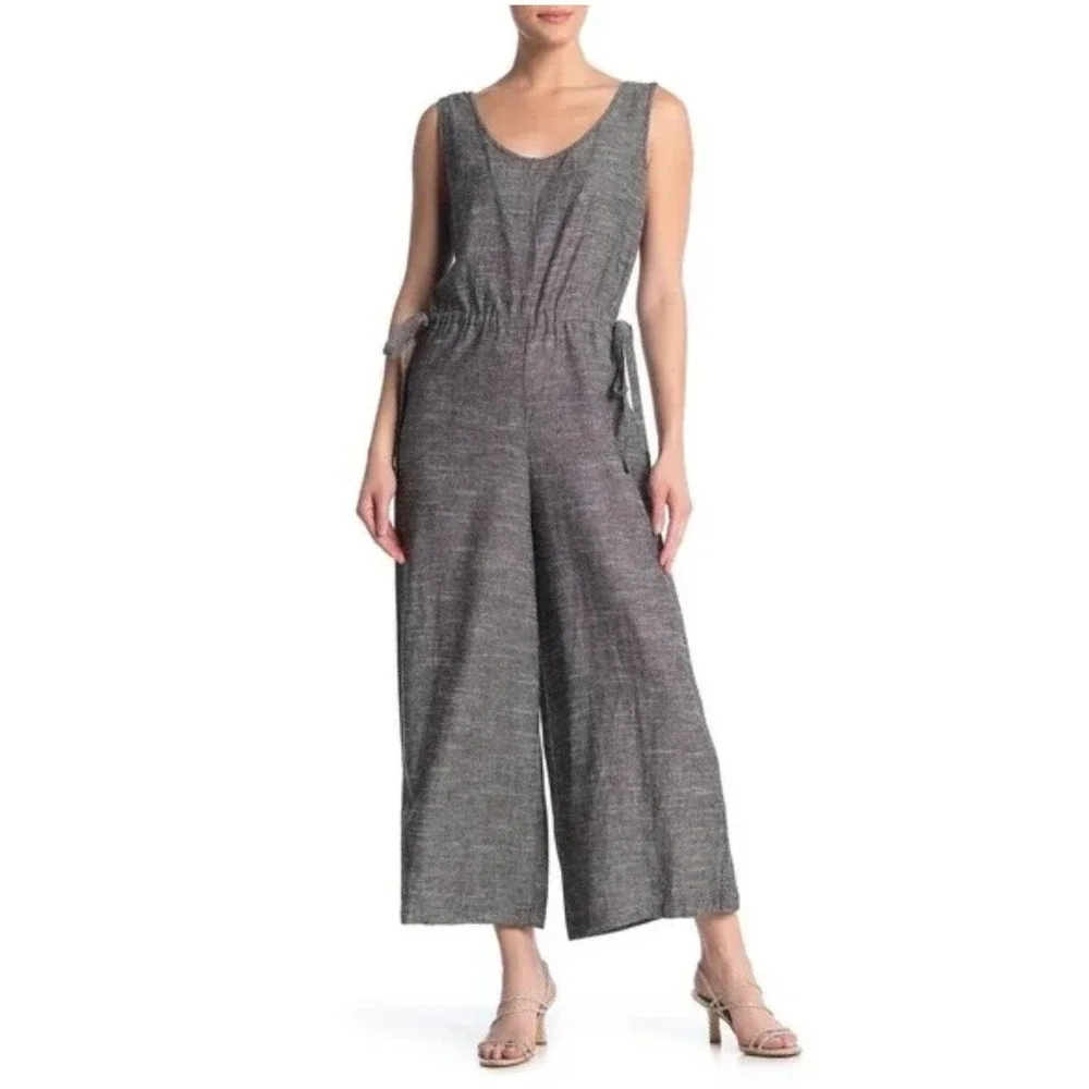 Max Studio Linen Jumpsuit Sz S Sleeveless Wide Leg Crop Heather Gray Casual Boho