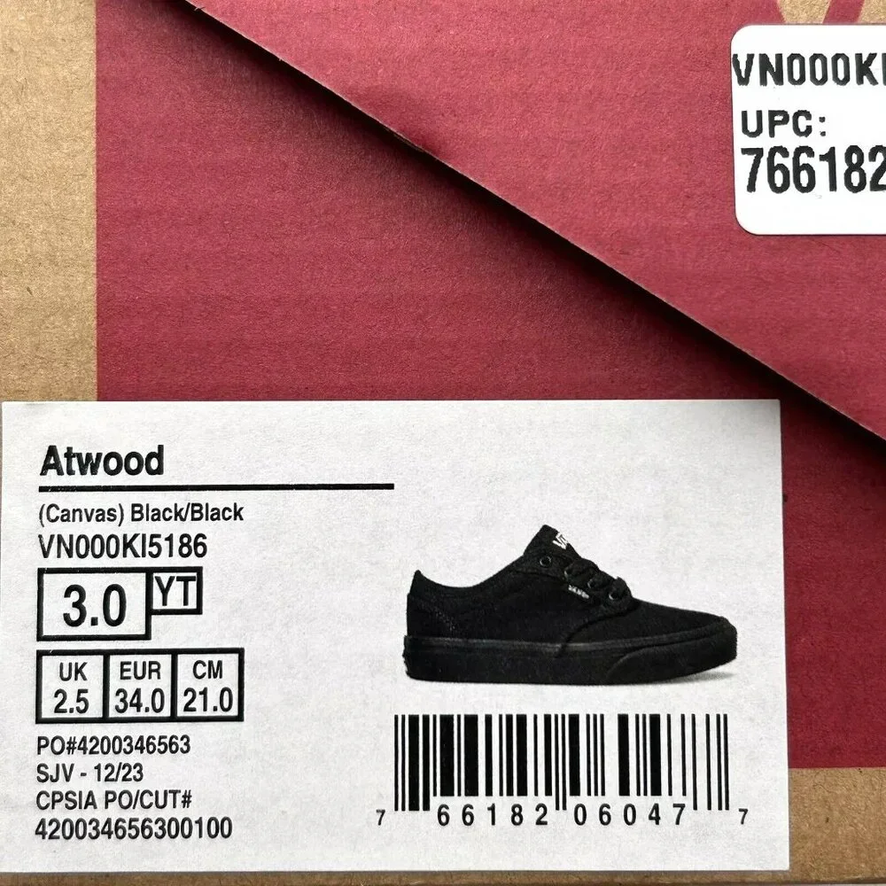 Vans Atwood Youth Boy's/Girl's‎ Canvas Shoes Size 3 Solid Black Low Top Lace up