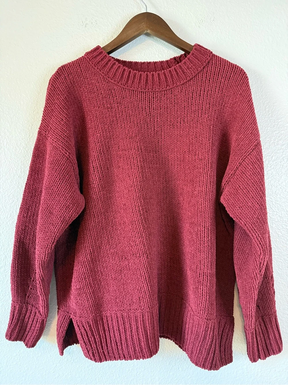 Aerie Chenille Crewneck Sweater Burgundy Oversized Cozy Size S