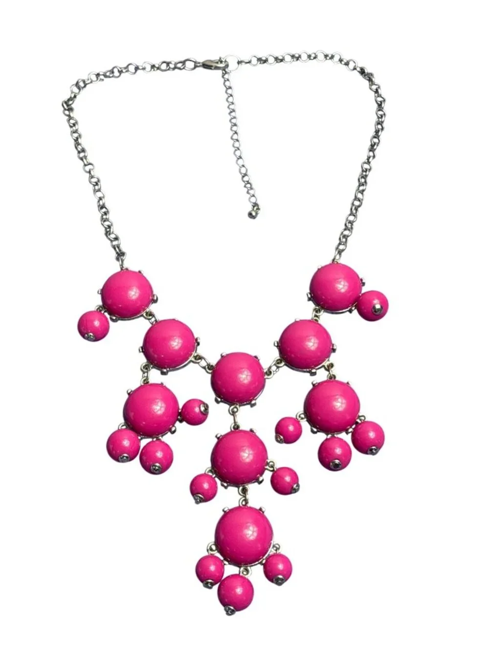 Fuchsia Plastic Cabochons Beaded Bib Necklace Silvertone 17 - 20 inches Long