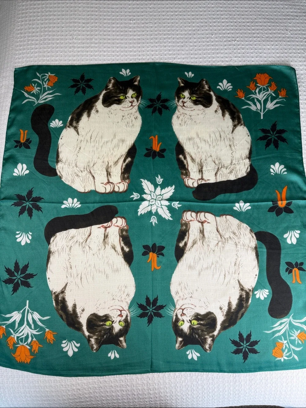 Novelty cat scarf green with black and white cat