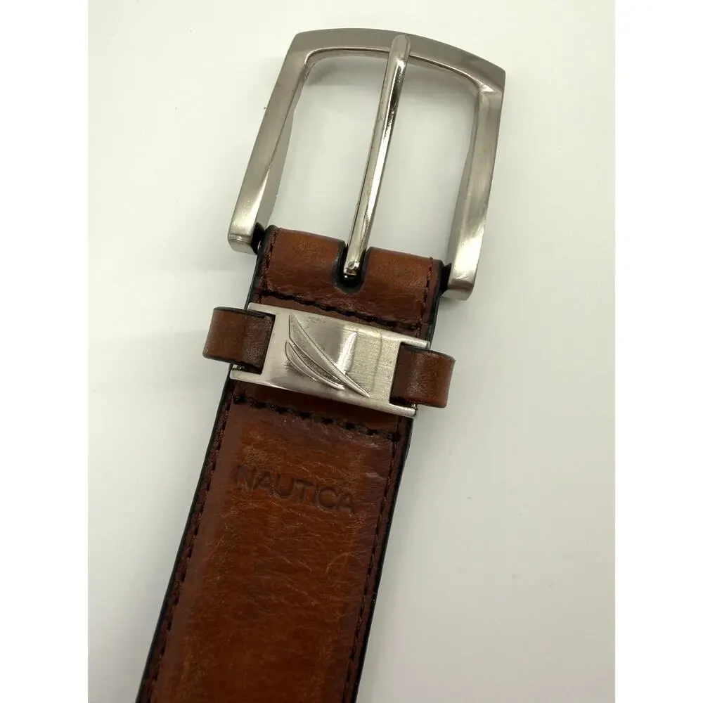 Nautica Brown Leather Belt Silver Buckle Casual Dress Belt Mens XL 44 46 48