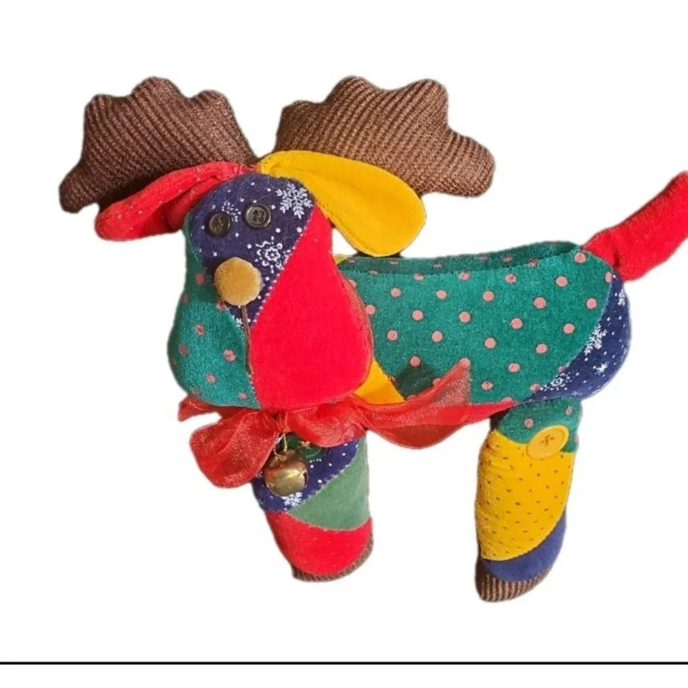 Sun Point Co Moose Plush‎ Whimsical Patchwork Reindeer Decorative Plush w/Bell