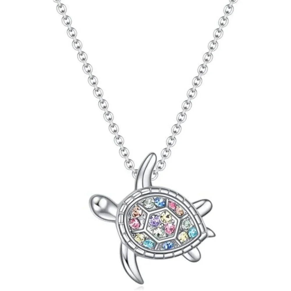 Silver Rainbow Turtle Necklace for Girls Women Gift Ocean Jewelry Fashion