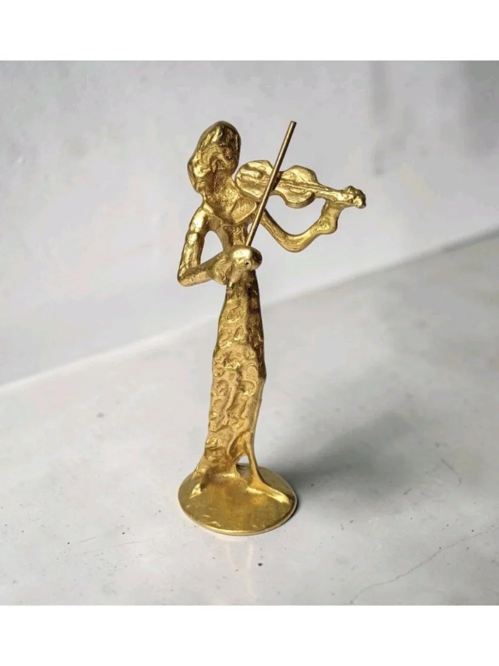Vtg Hammered Brass Violin Art Sculpture Brutalist Handmade Musician 8