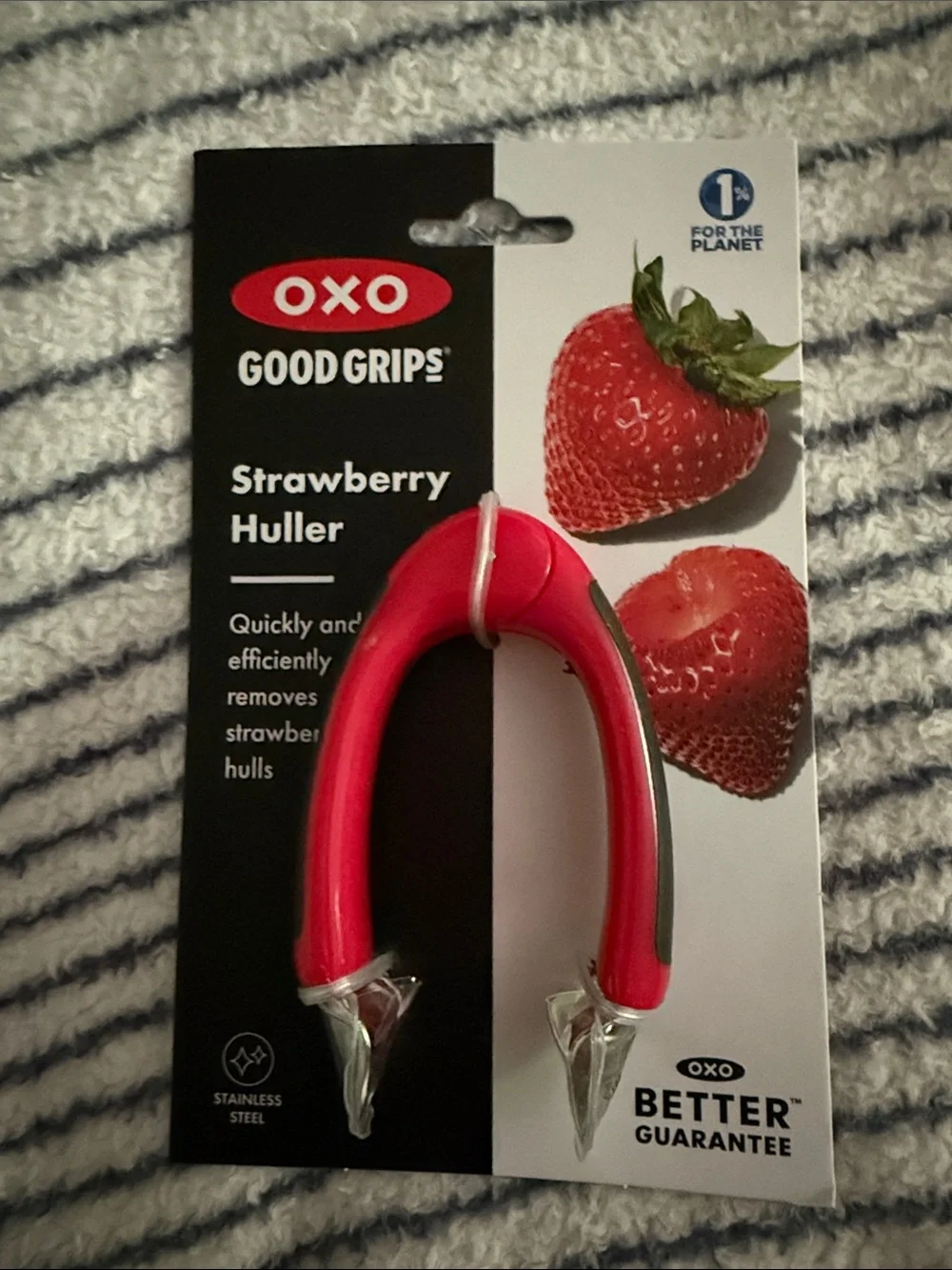 OXO Good Grips Strawberry Huller in bright pink-red