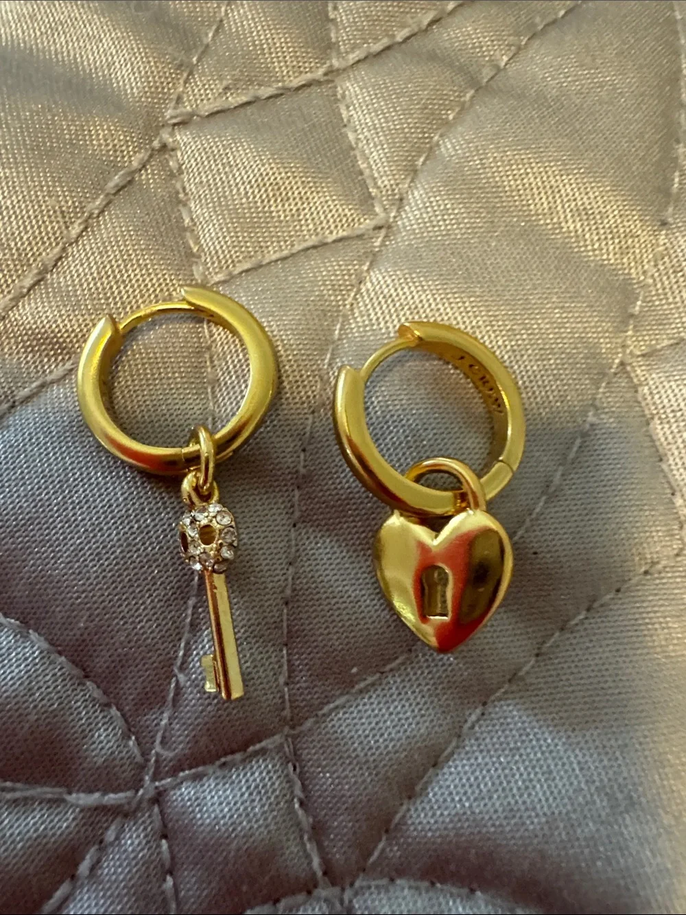 Gold Convertible Heart Lock & Key Hoop Earrings. With extra charms