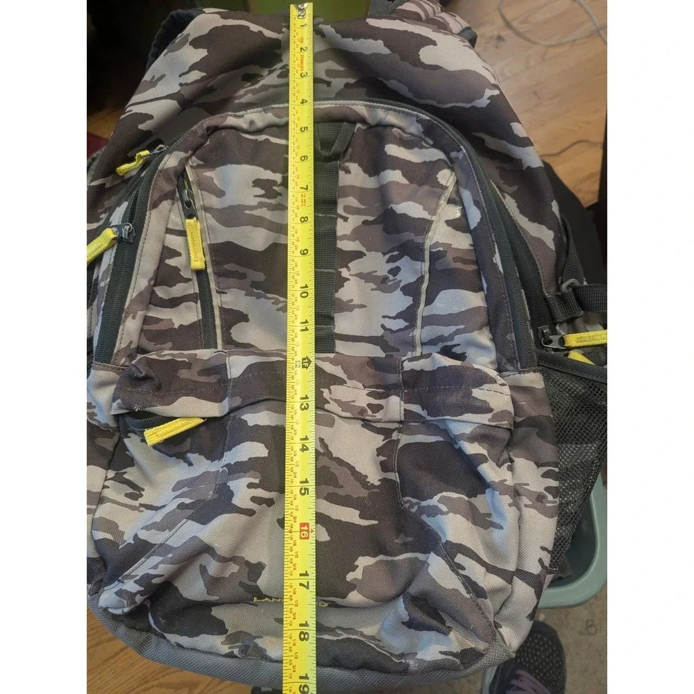 Lands' End Backpack Camo 3 Zip Large Pockets 2 Bottle Pockets Black Gray Yellow