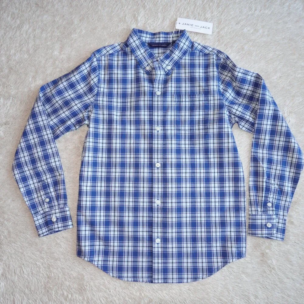 Boys Size 8 Janie and Jack Long Sleeve Blue Plaid Button Down Shirt, NWT
