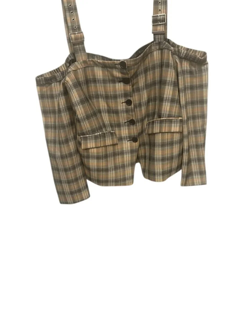 TOV Plaid Off Shoulder Corset Top Size 44 Brown Gray Statement Blouse