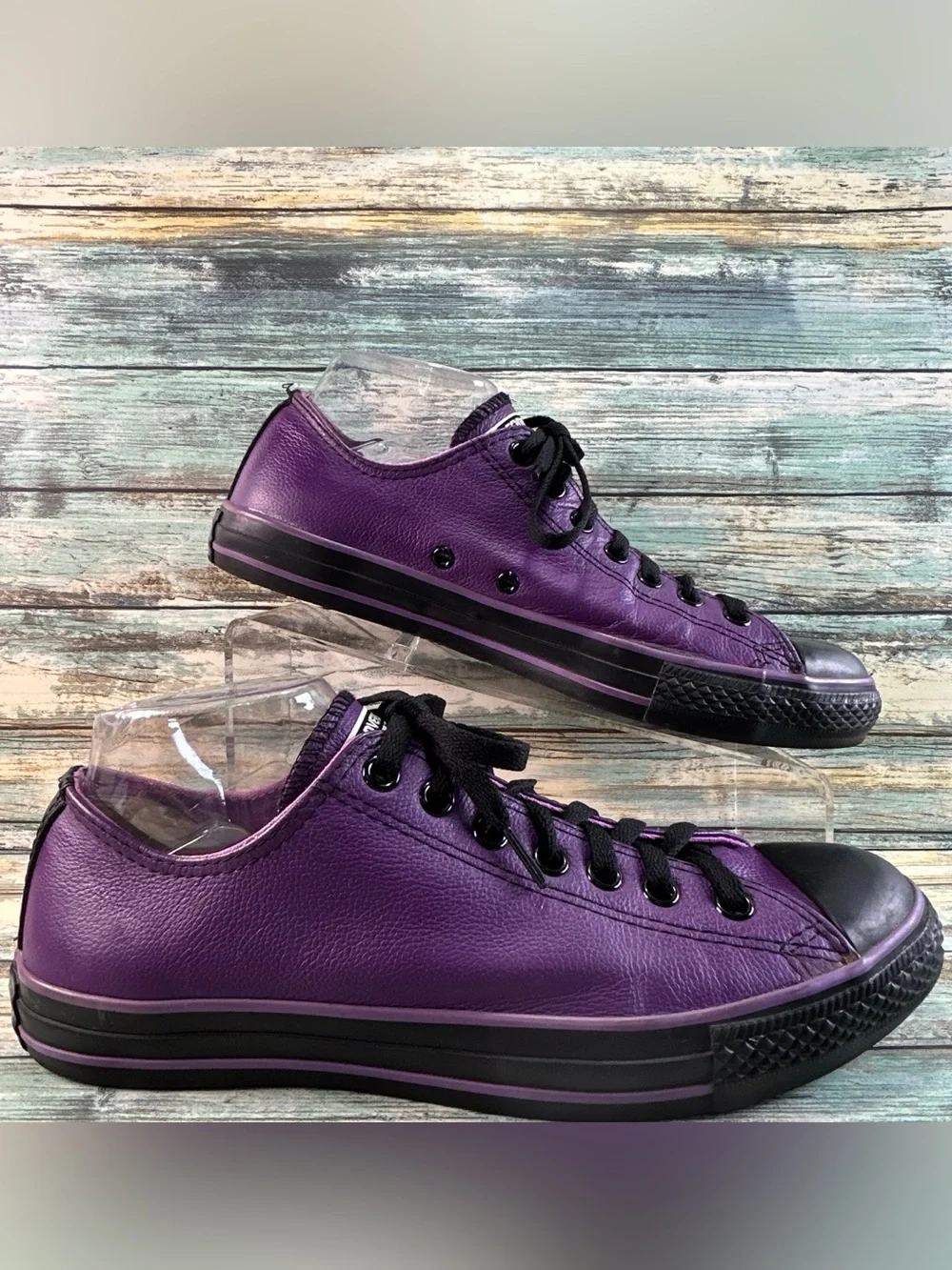 CONVERSE ALL STAR Low Top Casual Sneakers Size 11 Purple Leather Black Cap Toe