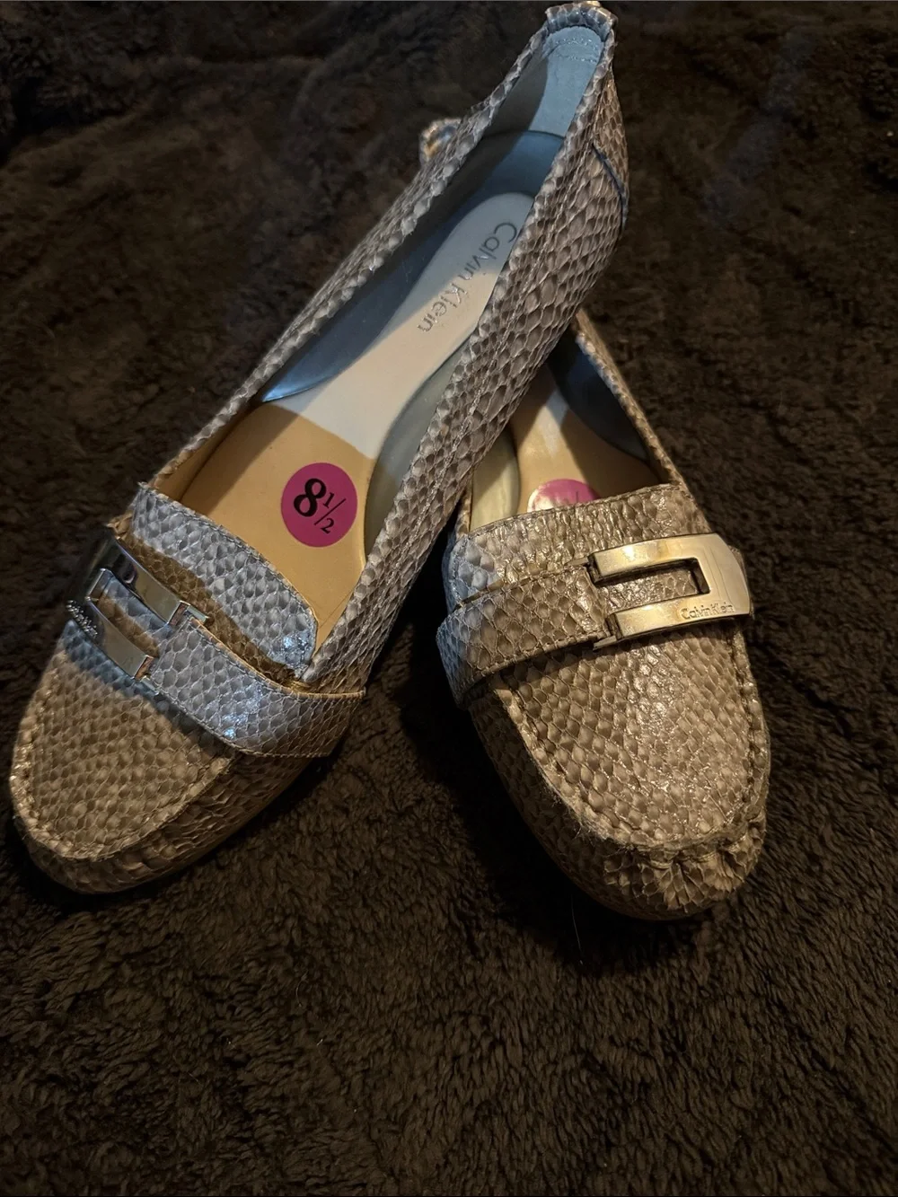 New! Calvin Klein Snake-Print Taupe Loafers with Metal Accent