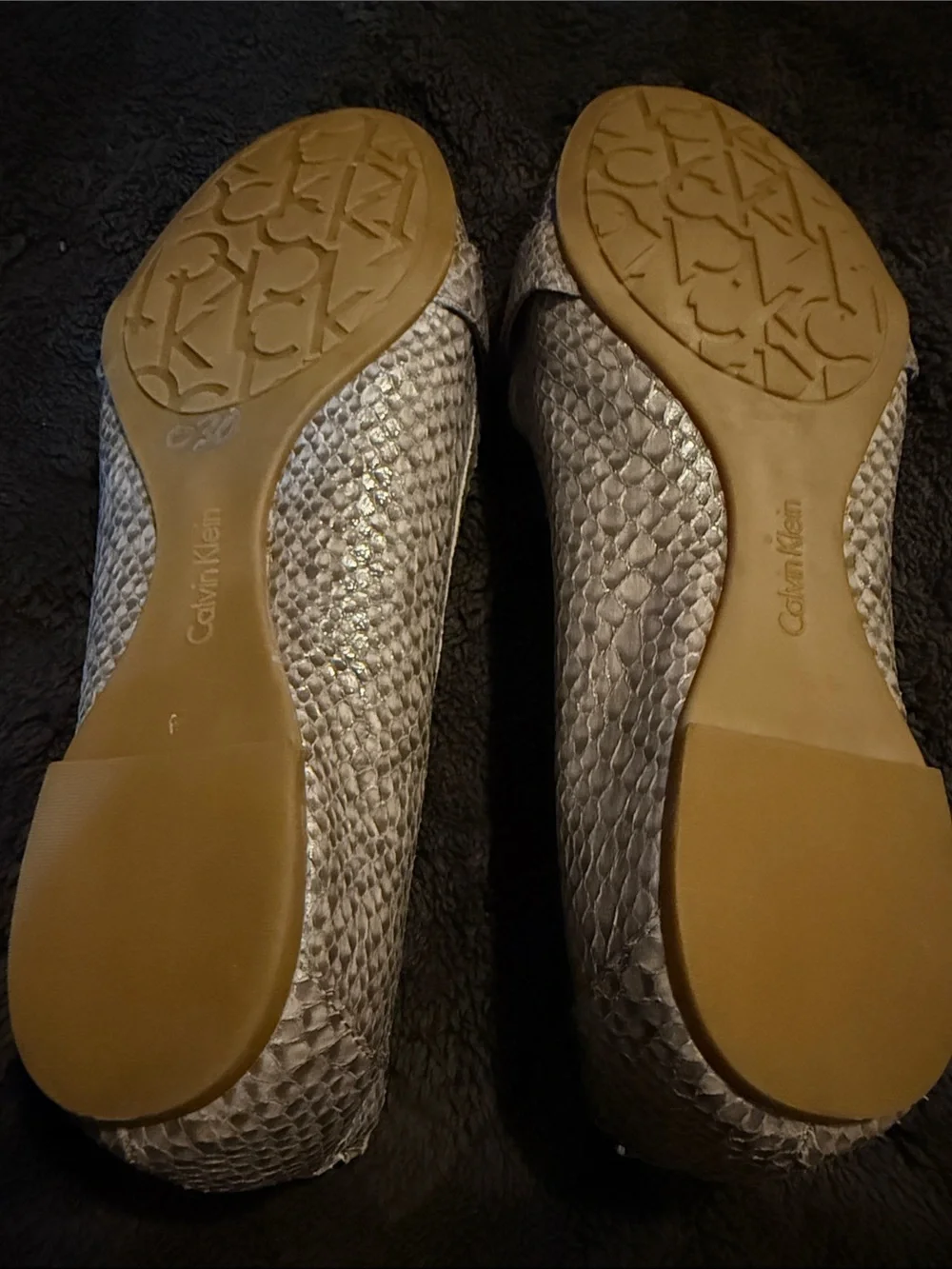 New! Calvin Klein Snake-Print Taupe Loafers with Metal Accent