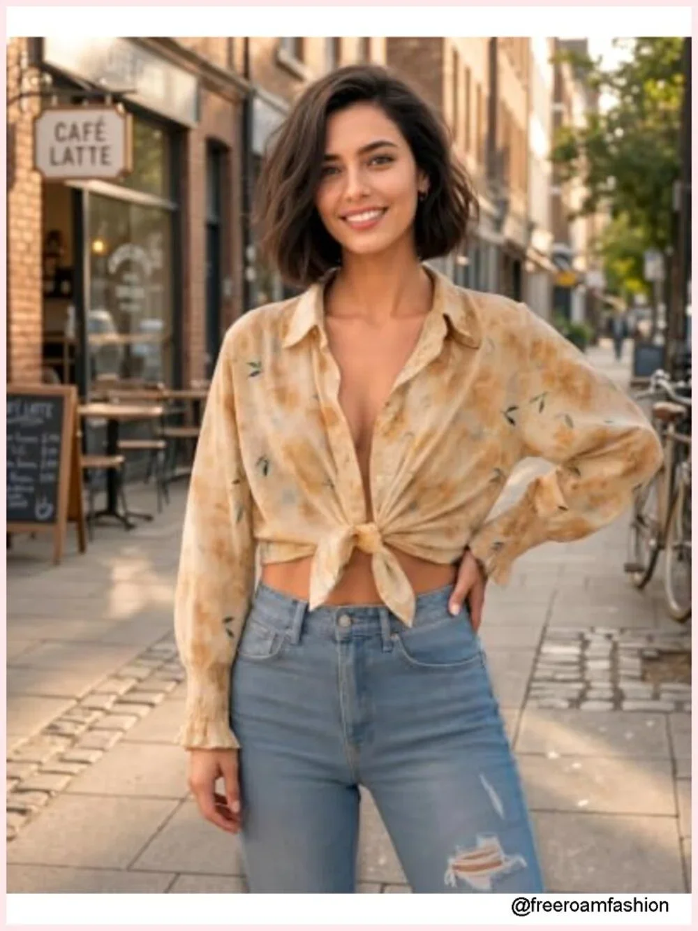 Boho Floral V Neck Button Down Blouse Long Sleeve Smocked Cuffs