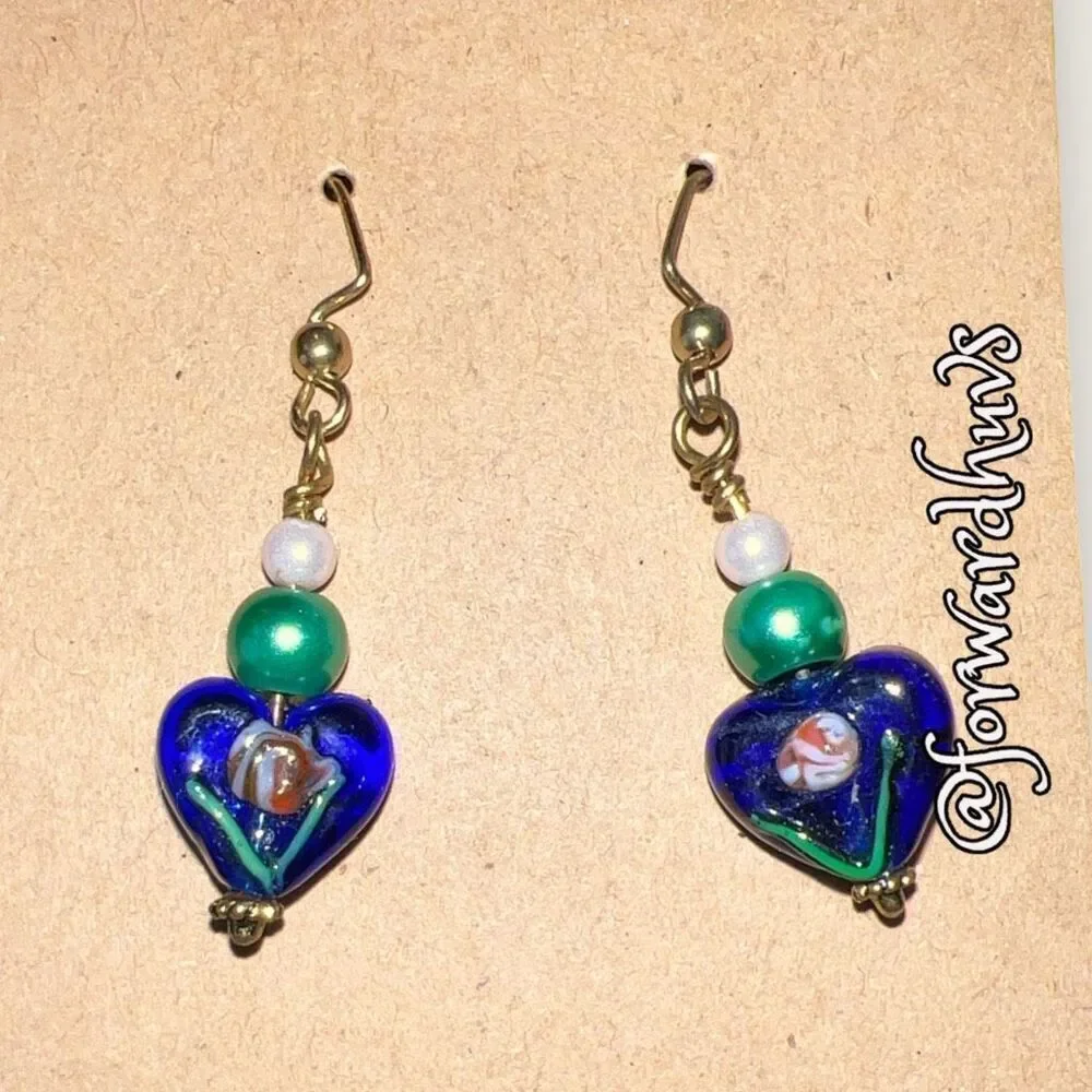 Bundle Sale 3 for $15 | Handmade Blue Glass Heart Earrings with Beads