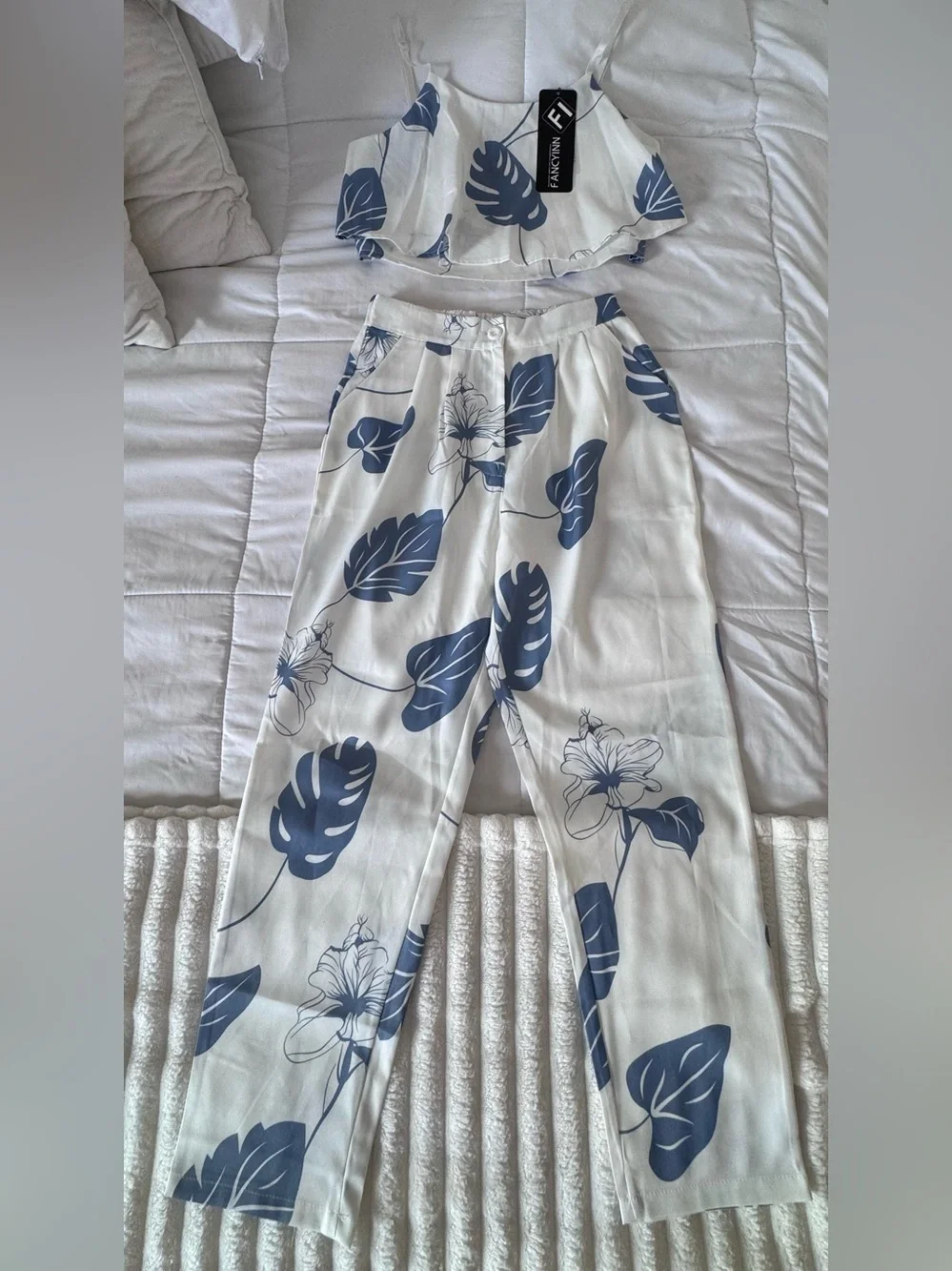 Fancyinn White Two-Piece - Straight Leg Pants Set with Blue Leaf Print