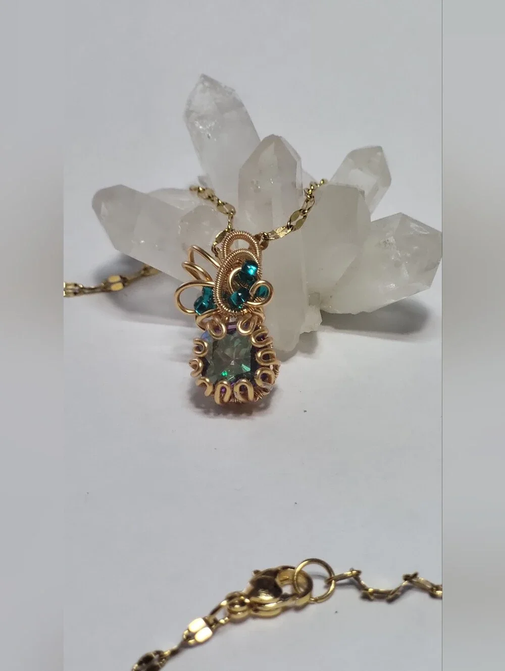 Wire-Wrapped Pendant Necklace with Rainbow Mystery Topaz & Teal Crystal Accent