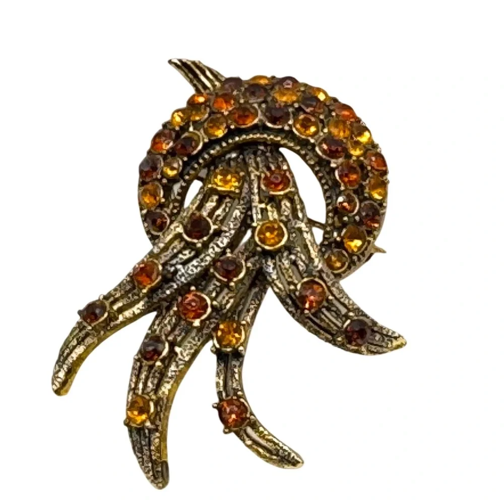 Vintage Gold Tone Amber Citrine Rhinestone Spray Brooch Pin Mid-Century‎ Style