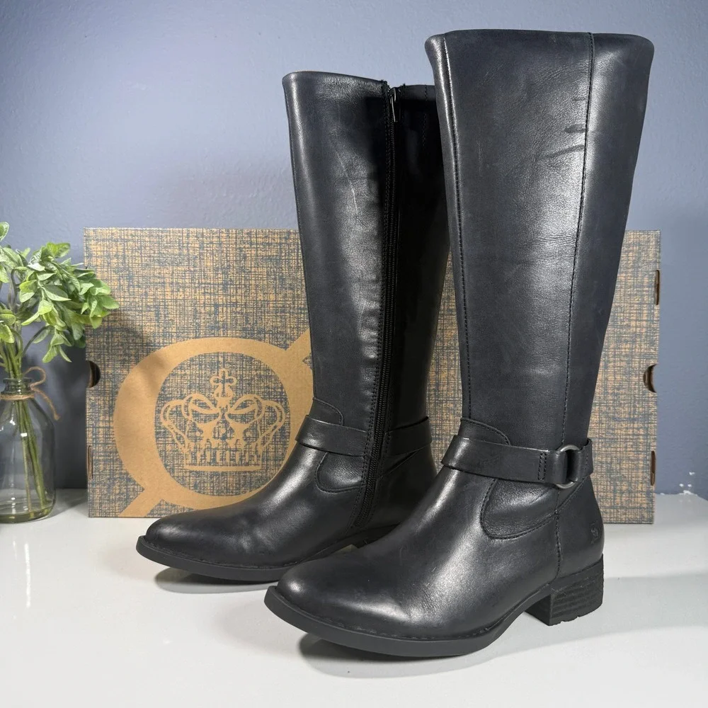 Born Saddler Black Leather Knee High Boots‎ Women Size 5 M