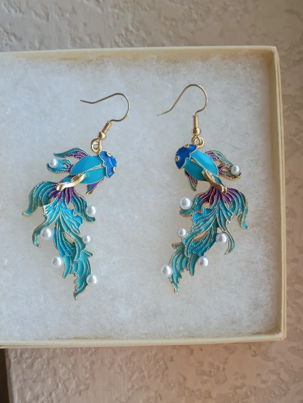 Betta Fish Enamel Pearl 3D Earrings Gold Toned