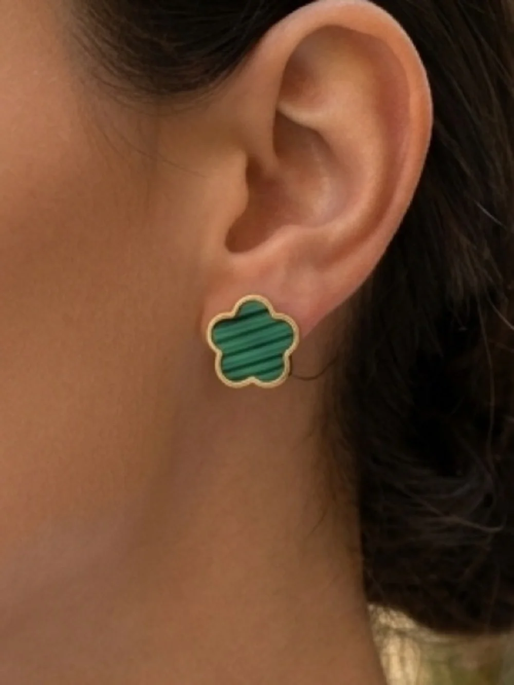Gold Plated green Floral Clover Earrings Stainless Steel womens jewelry