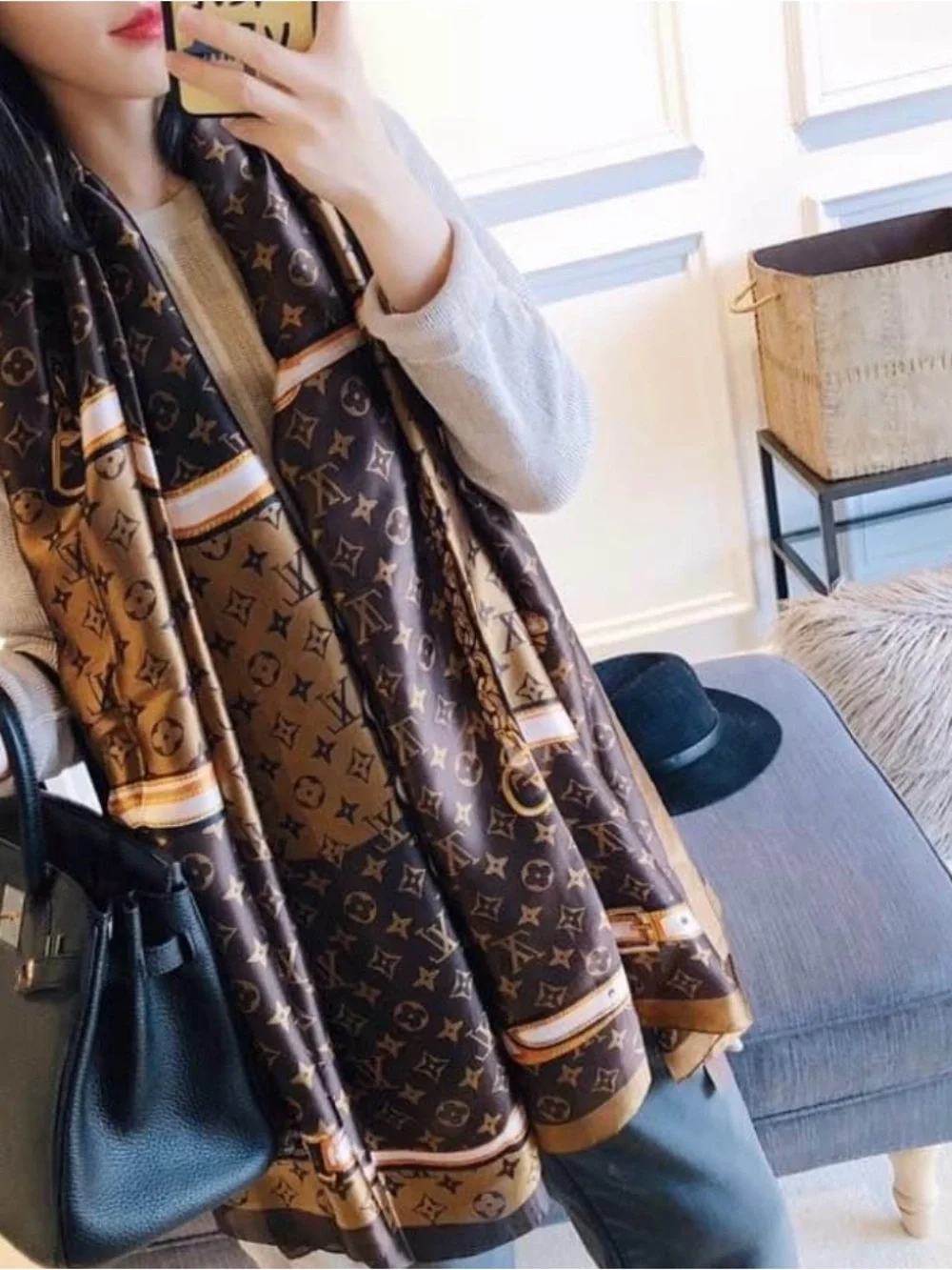Monogram Brown Silk-Look Scarf with Gold Accents