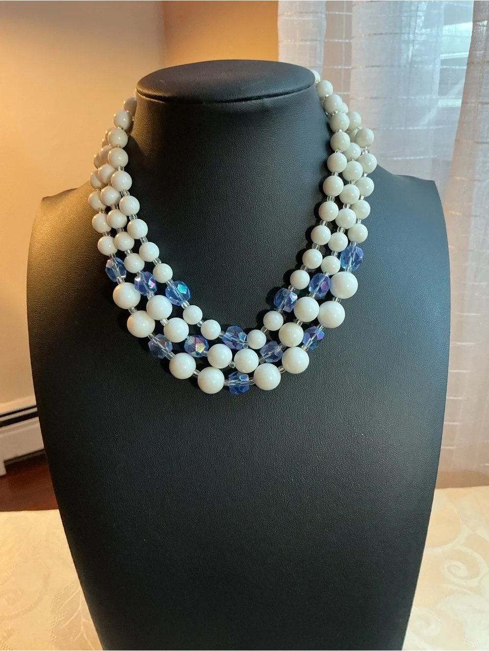 Mid-Century Vintage Cream Beads Silver Tone Necklace