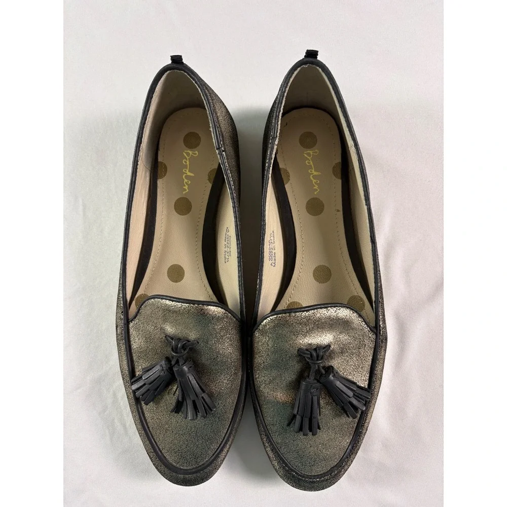 Boden Ines Tassel Loafers 37.5 US 6.5 Metallic Gold‎ Leather Flats Preppy Whimsy