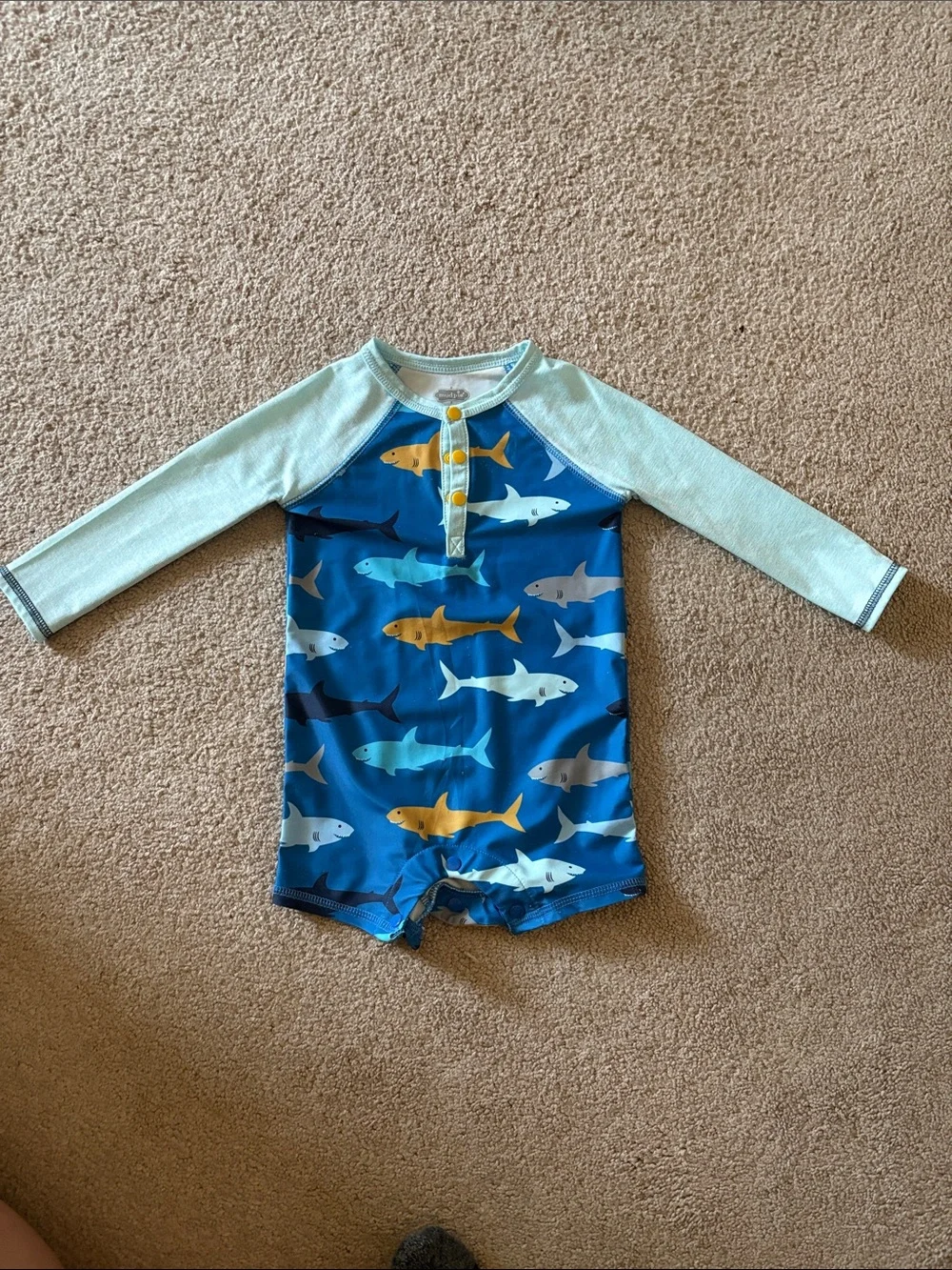 Mud Pie Blue & Aqua Shark-Print Long-Sleeve One-Piece Swim