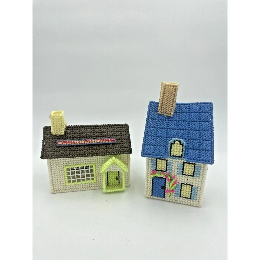 Vtg 70s Yarn Needlepoint Completed Car Dealership‎ &Cottage House Plastic Canvas