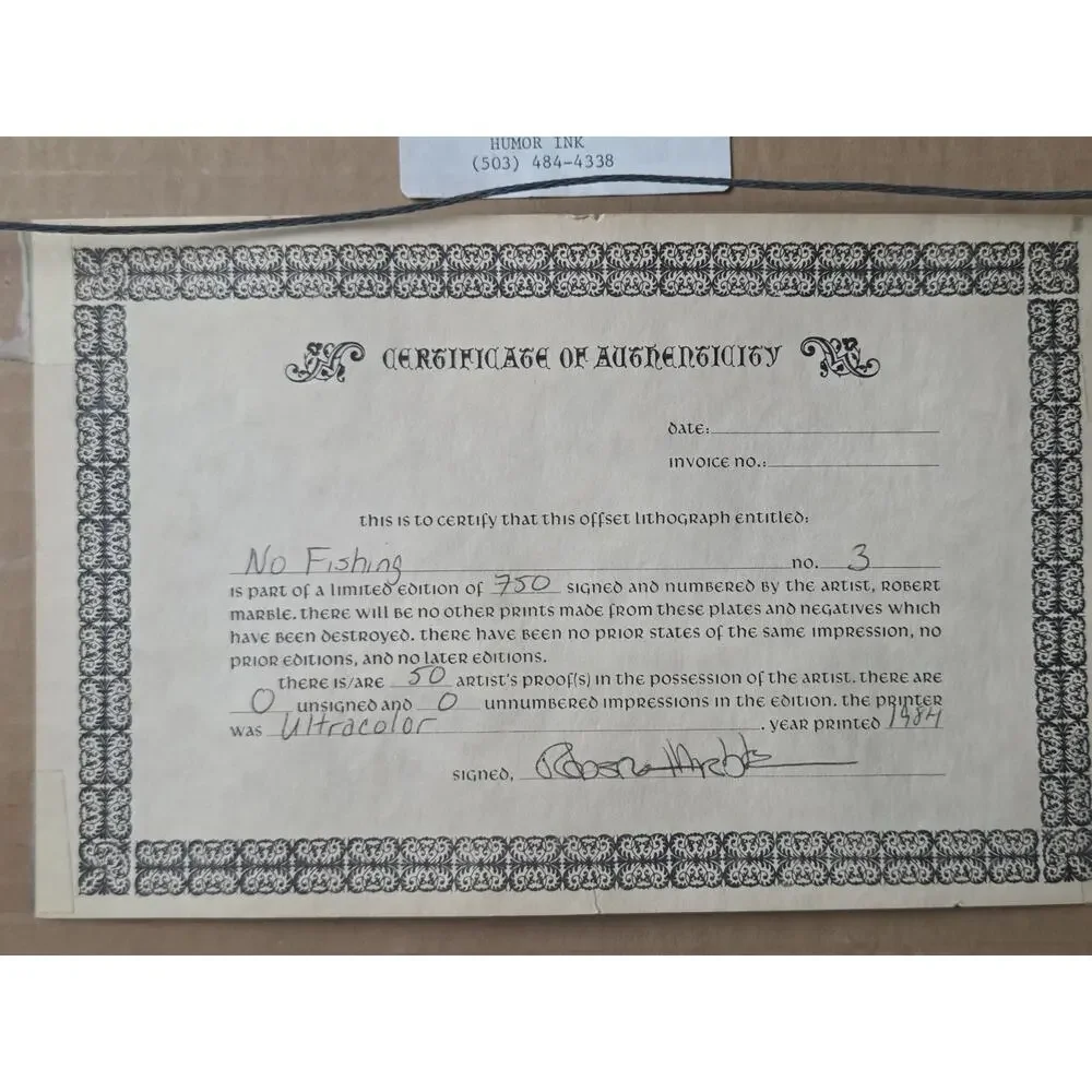 Robert Marble “No Fishing” Signed 1984 PRINT #3 w/ COA Framed 19x11 Cabin Art