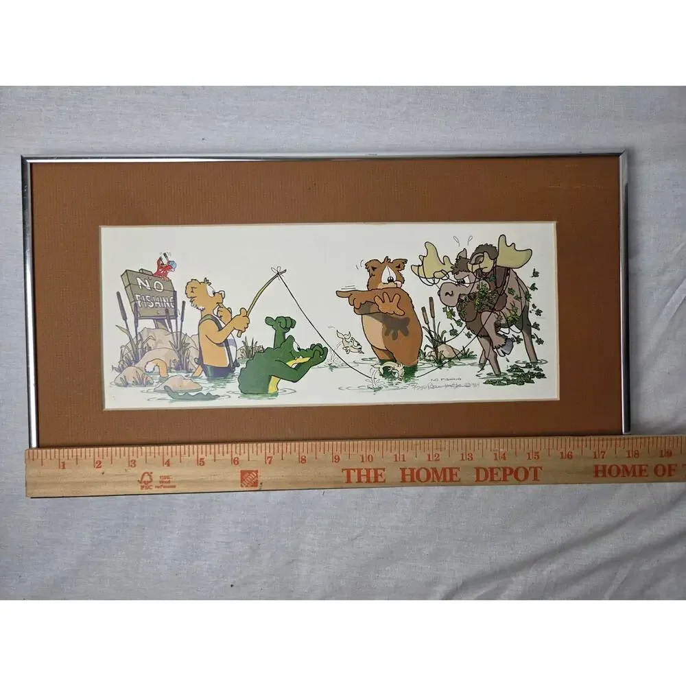 Robert Marble “No Fishing” Signed 1984 PRINT #3 w/ COA Framed 19x11 Cabin Art