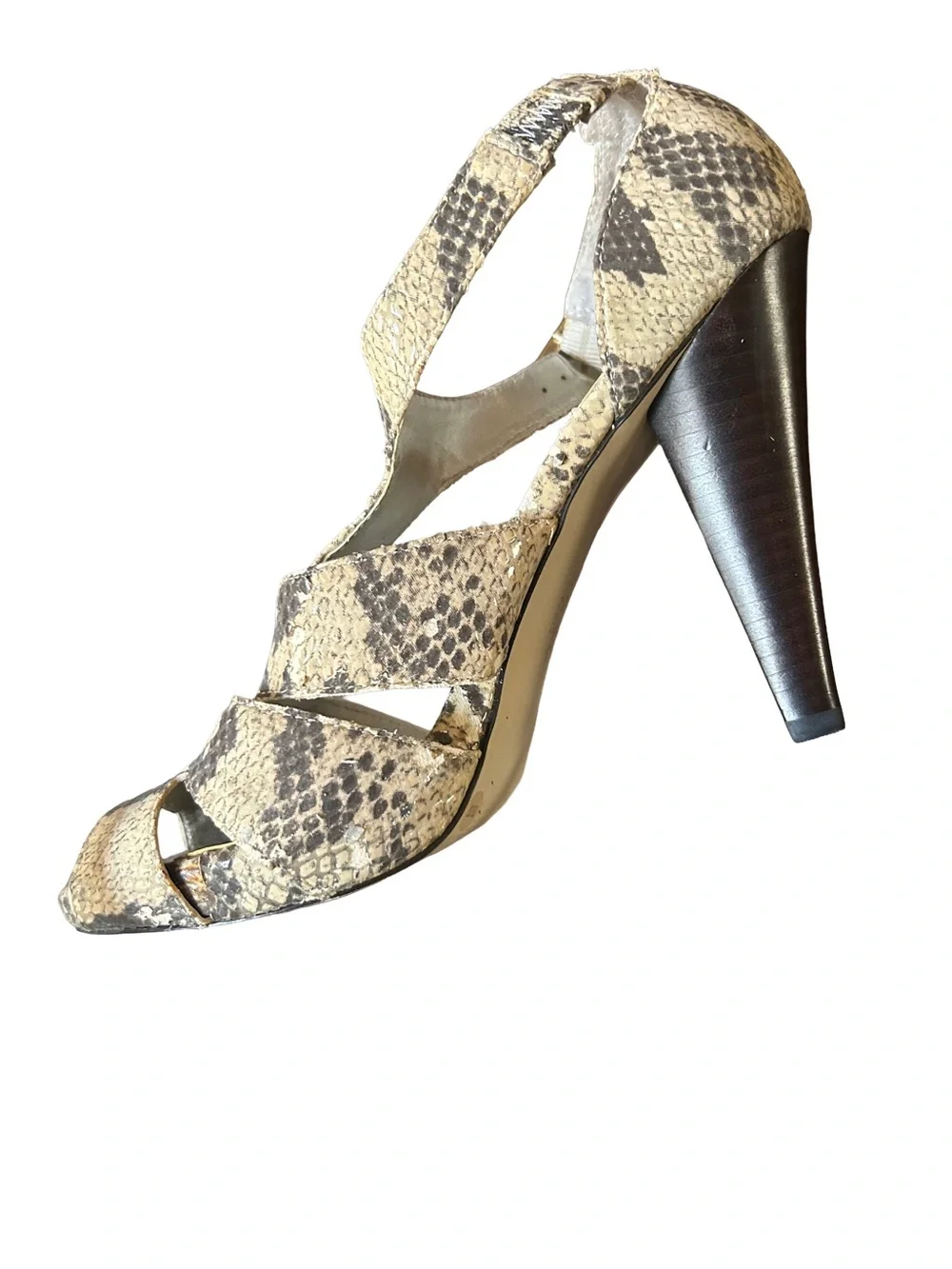 BCBG Paris Snakeskin Print Cage Heels Sandals Faux Leather Tan Black