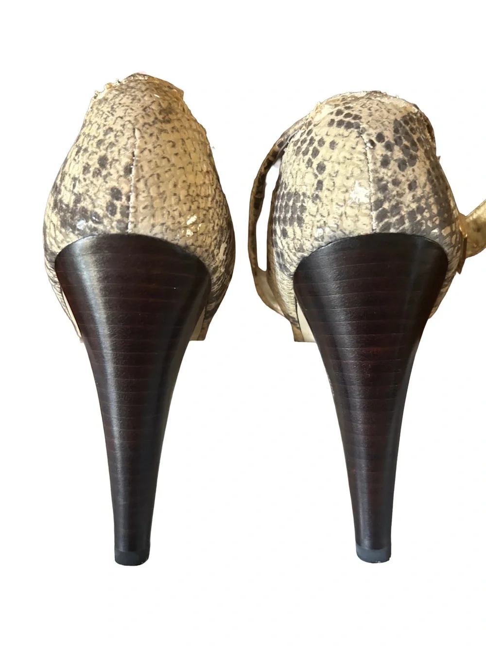 BCBG Paris Snakeskin Print Cage Heels Sandals Faux Leather Tan Black