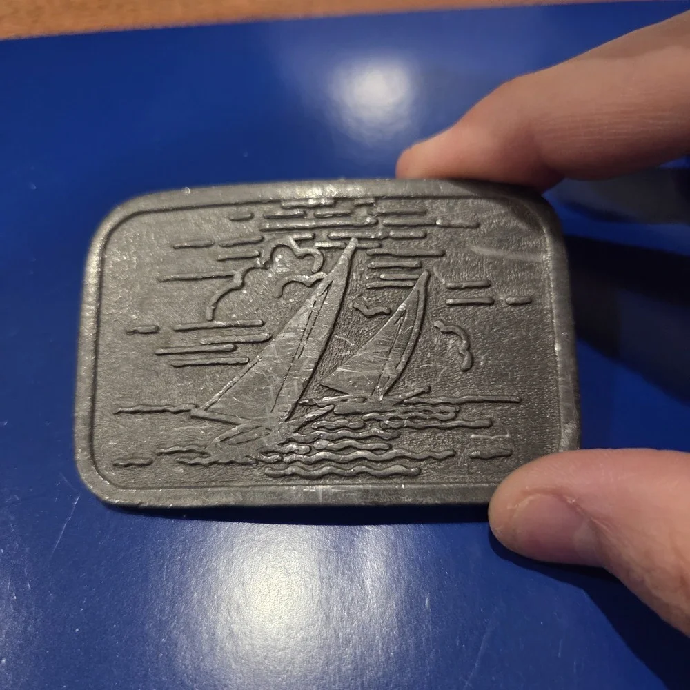 Pewter Sailboat Sailing Scene Belt Buckle Rectangular Nautical