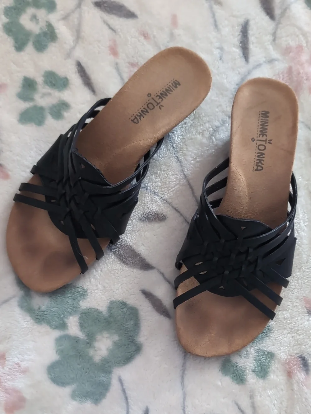 Minnetonka Black Woven Leather Wedges