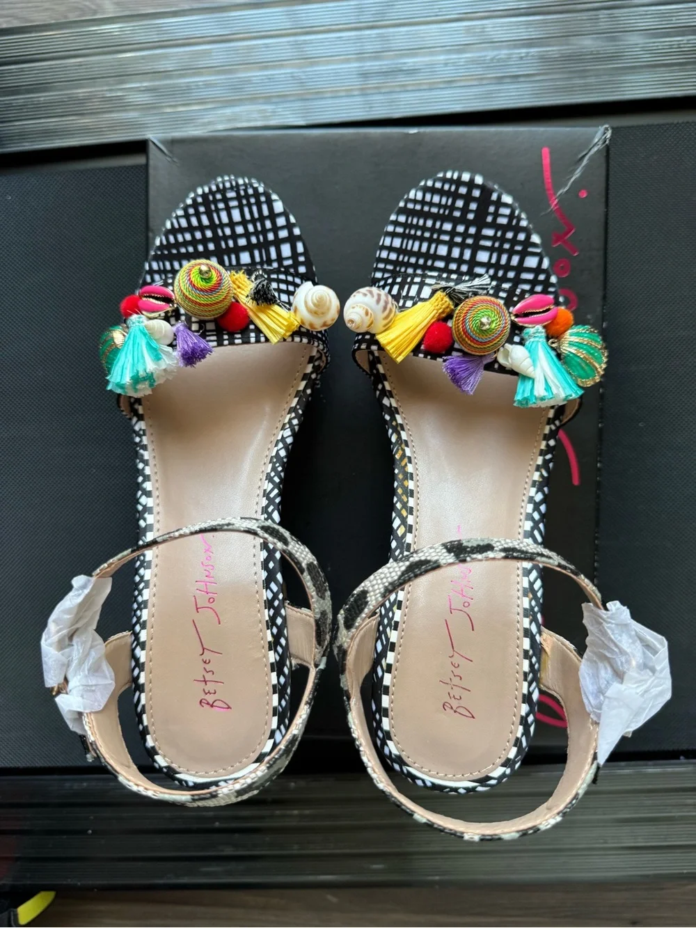 Betsey Johnson Jillie Black & White Platform Sandals With Multicolor Tassels