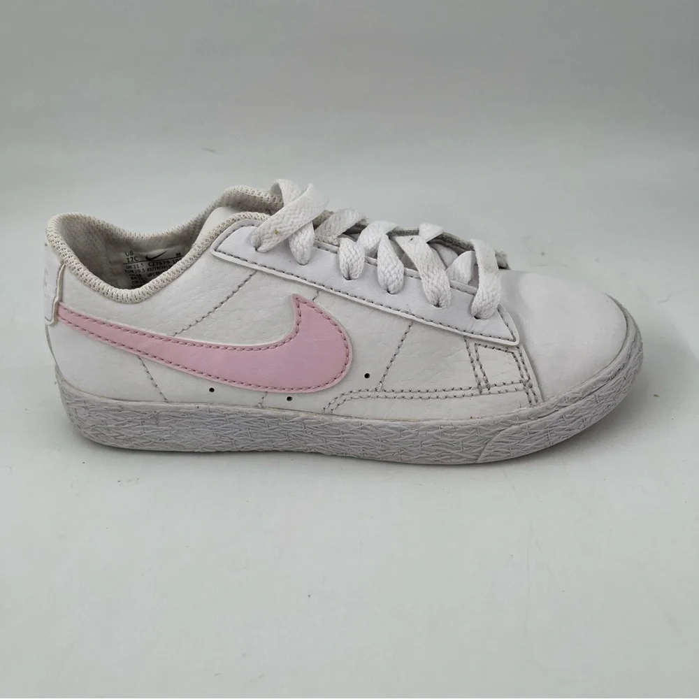 Nike Girls Blazer Low-SZ 12 C-White Pink Swoosh Lace-Up Leather Athletic Sneaker
