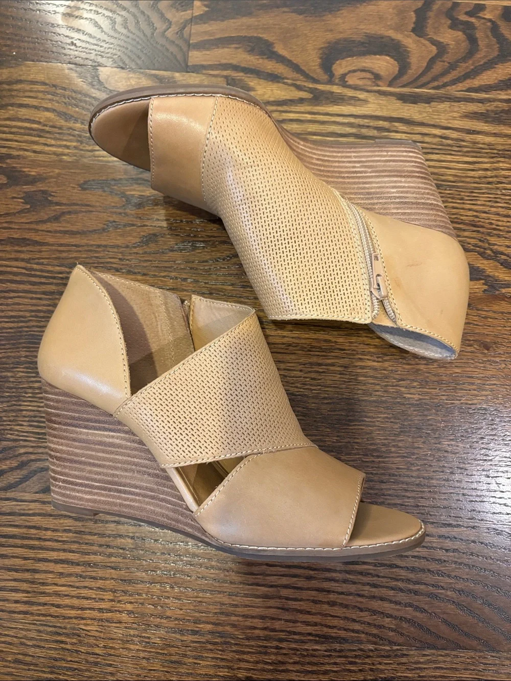 Lucky Brand Tan Perforated Open-Toe Wedge Booties