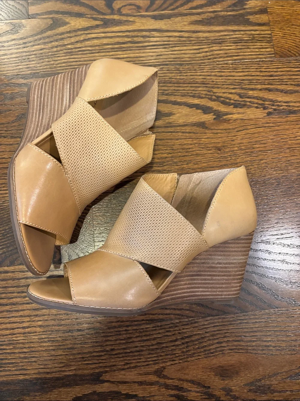 Lucky Brand Tan Perforated Open-Toe Wedge Booties