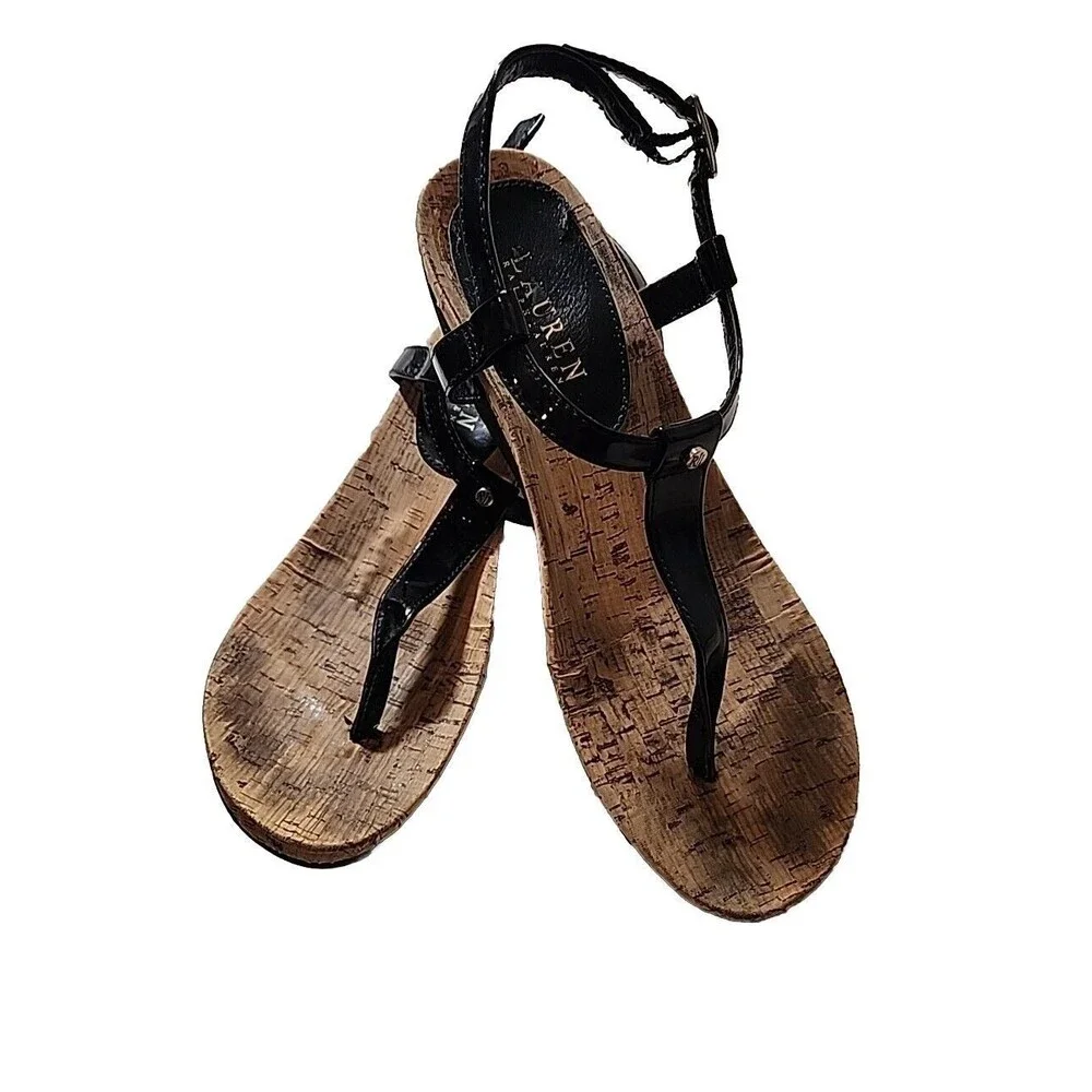 Lauren Ralph Lauren LRL Leather T strap Thong Wedge Rosalia Sandals Womens‎ 8 B