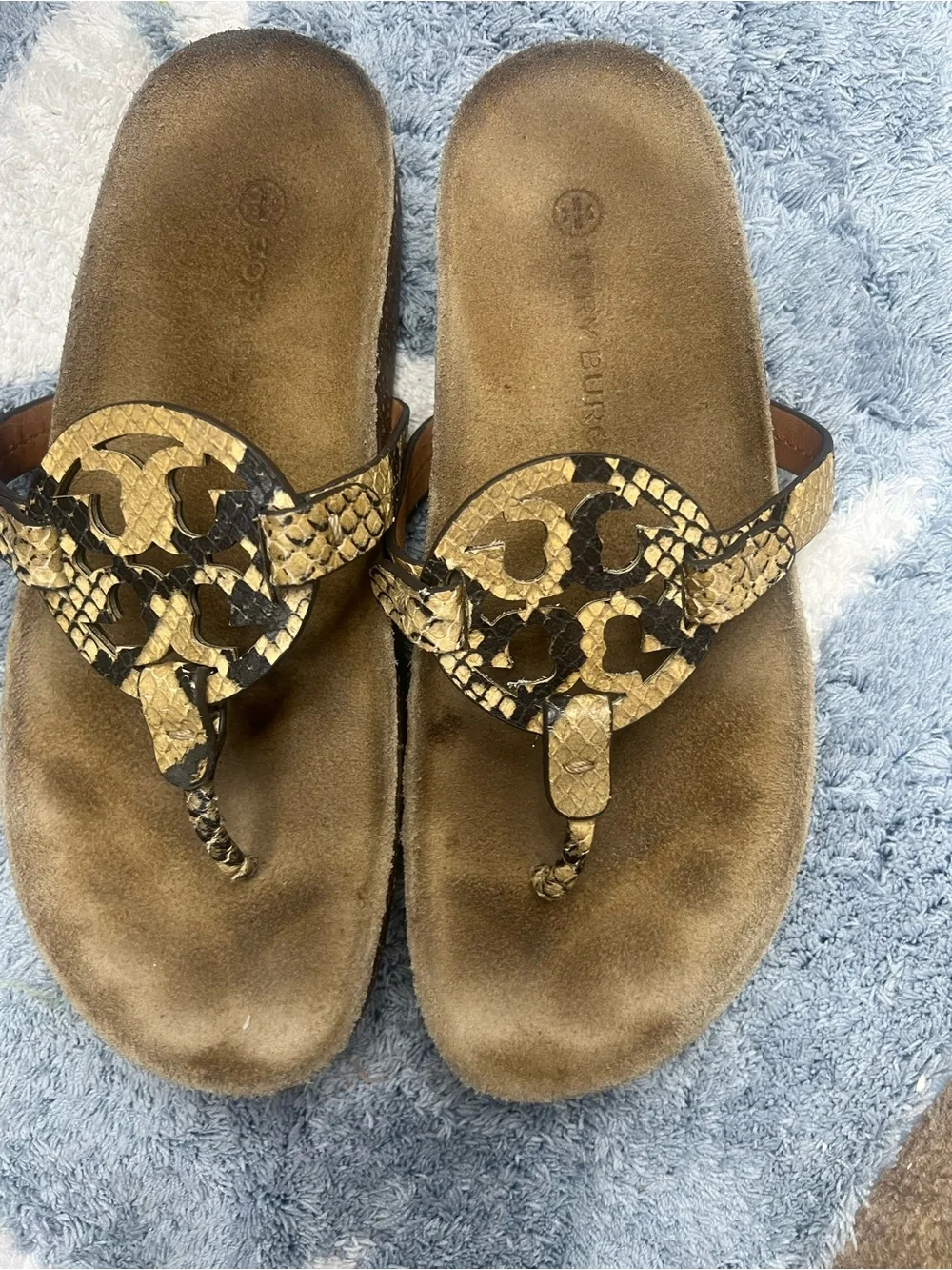 Tory Burch Snake-Embossed Tan Brown Logo Thong Sandals