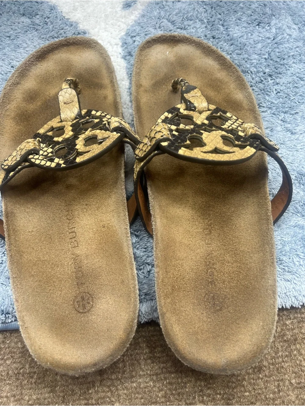 Tory Burch Snake-Embossed Tan Brown Logo Thong Sandals