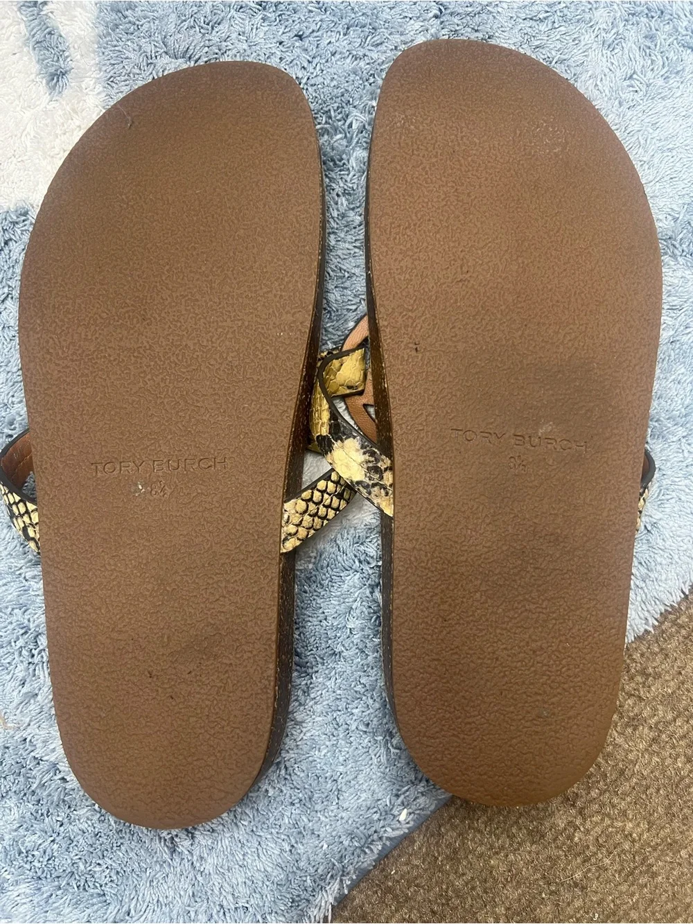 Tory Burch Snake-Embossed Tan Brown Logo Thong Sandals