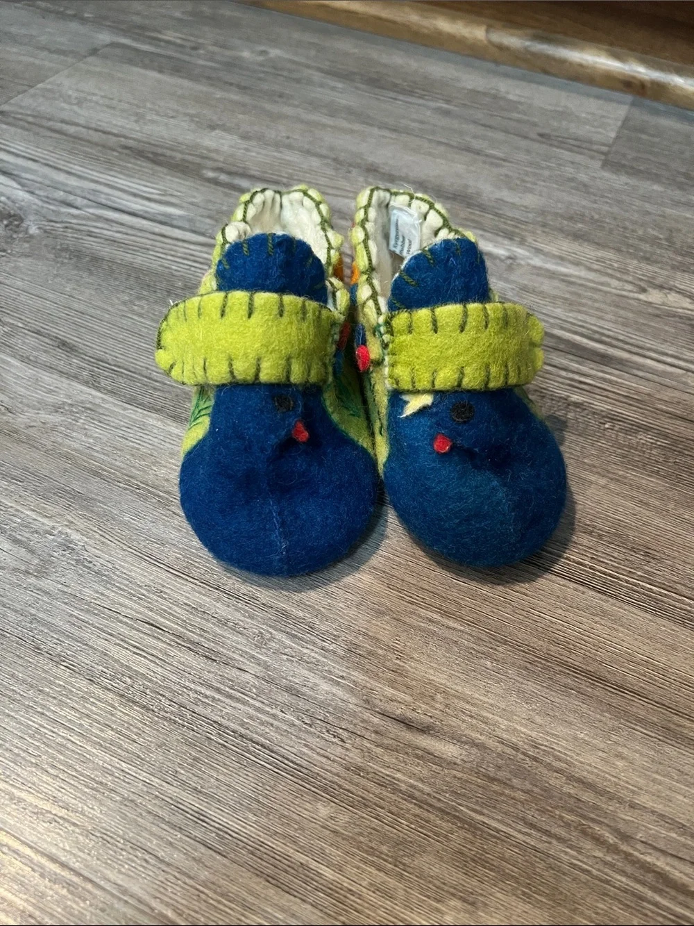 Children's Felt Moccasin Slippers in Blue and Lime Green with Floral Embroidery
