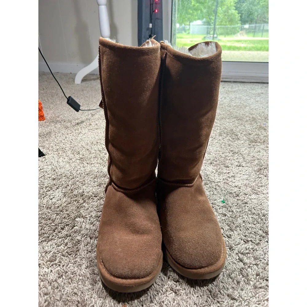 Tan Suede Merino Wool Ribbon Back Boots 6 Y2K 2000s Apres Ski Boho Coquette
