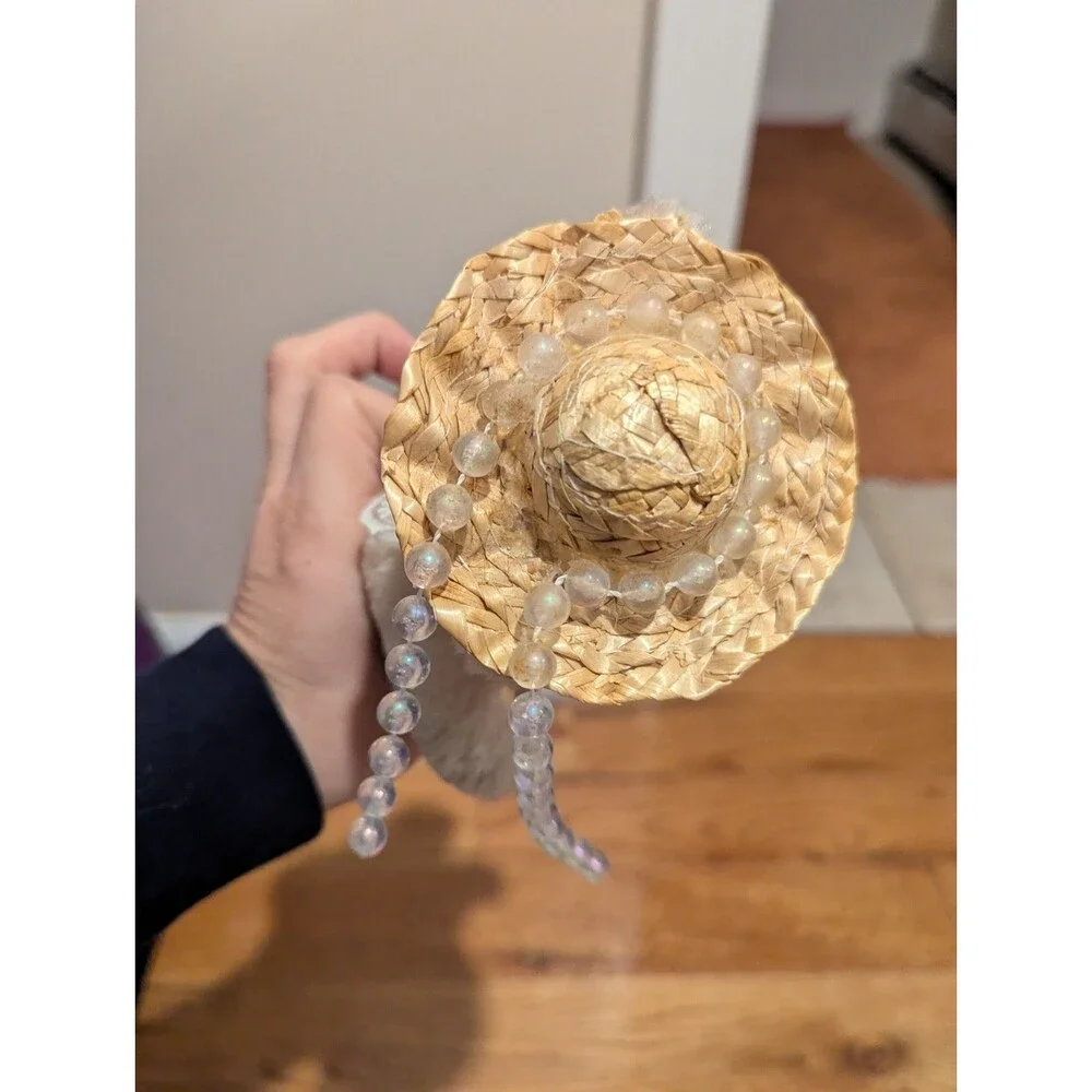 Vintage Plush Jointed Country Bear Straw Hat Lace Pearls 9