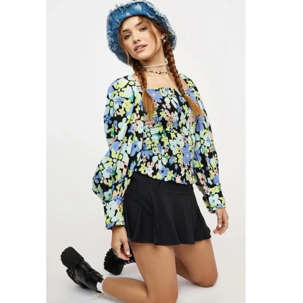 Free People Ariana Printed Cropped Top Women M Multicolor Floral Puff Sleeve